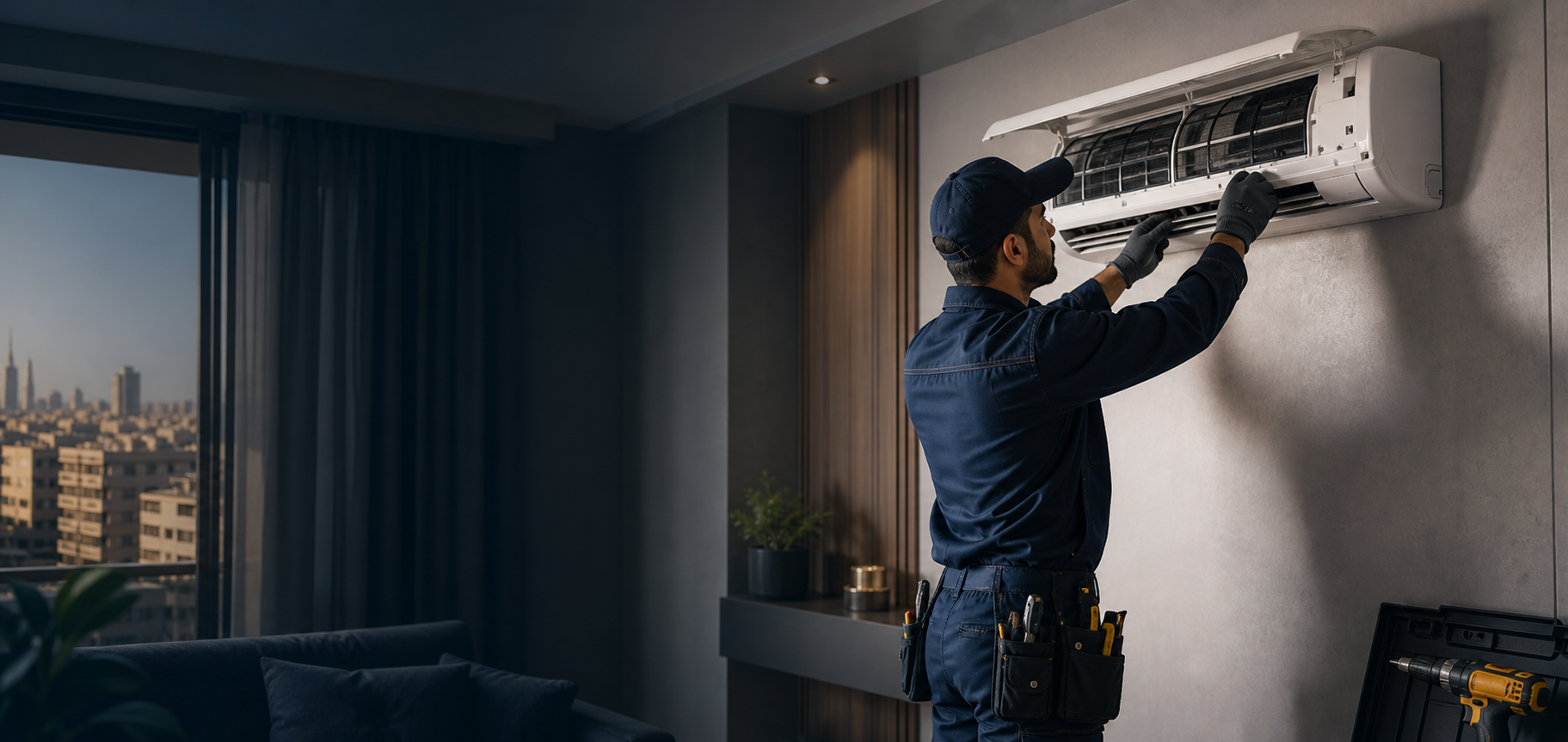 Technician servicing an indoor wall-mounted AC unit in Giza