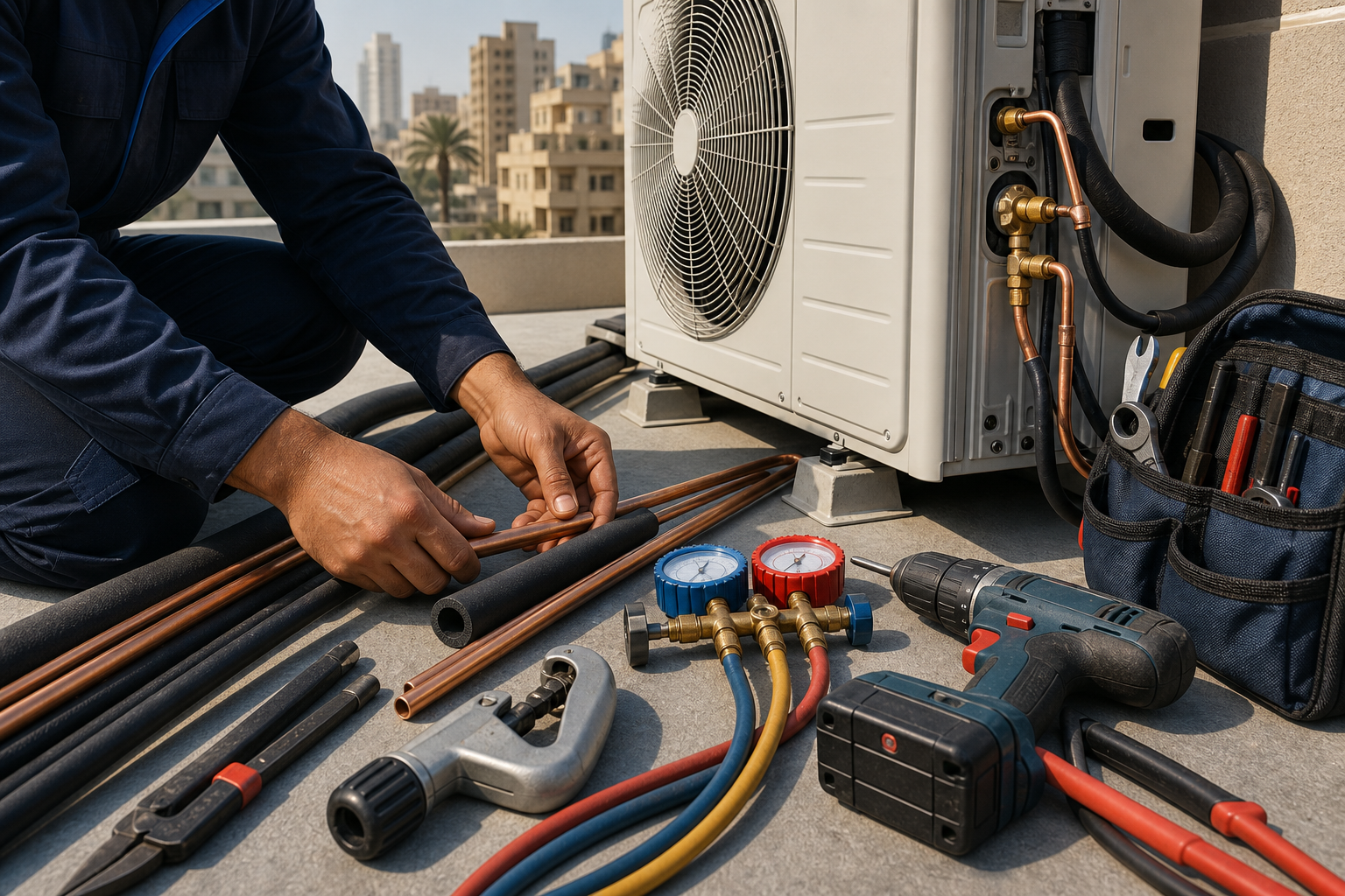 Organized AC installation tools and copper piping beside an outdoor unit